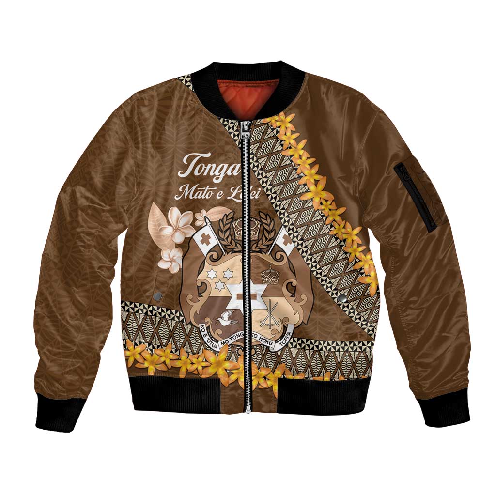 Personalised Tonga Language Week Sleeve Zip Bomber Jacket Malo e Lelei Tongan Ngatu Pattern - Brown