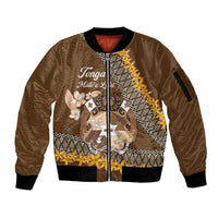 Personalised Tonga Language Week Sleeve Zip Bomber Jacket Malo e Lelei Tongan Ngatu Pattern - Brown