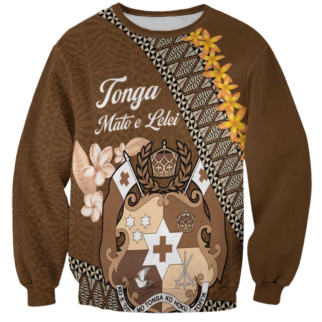 Personalised Tonga Language Week Sweatshirt Malo e Lelei Tongan Ngatu Pattern - Brown