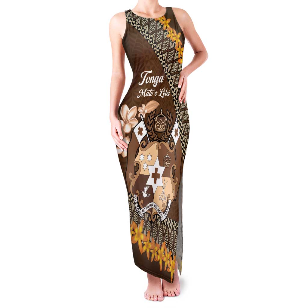 Personalised Tonga Language Week Tank Maxi Dress Malo e Lelei Tongan Ngatu Pattern - Brown