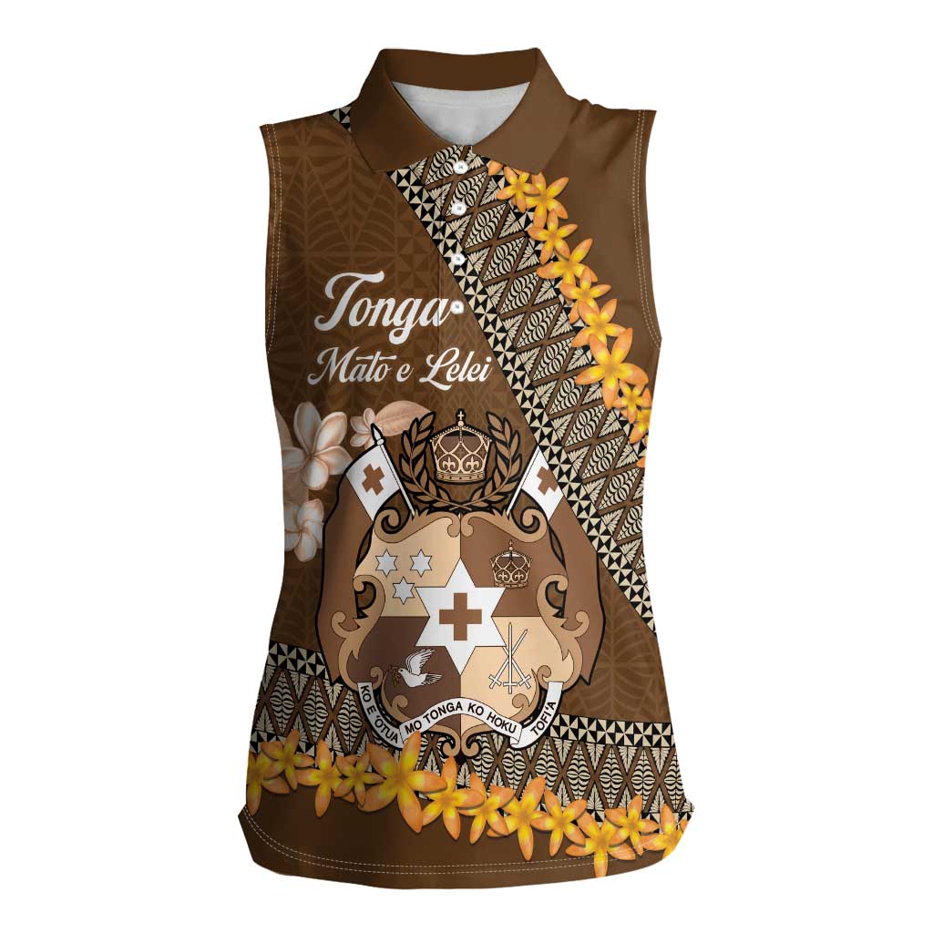 Personalised Tonga Language Week Women Sleeveless Polo Shirt Malo e Lelei Tongan Ngatu Pattern - Brown