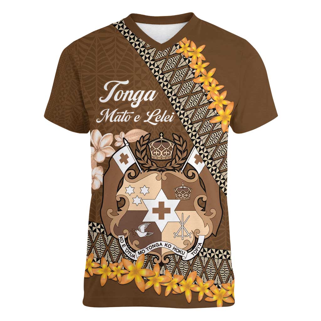 Personalised Tonga Language Week Women V-Neck T-Shirt Malo e Lelei Tongan Ngatu Pattern - Brown