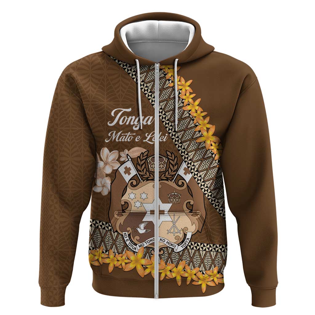 Personalised Tonga Language Week Zip Hoodie Malo e Lelei Tongan Ngatu Pattern - Brown