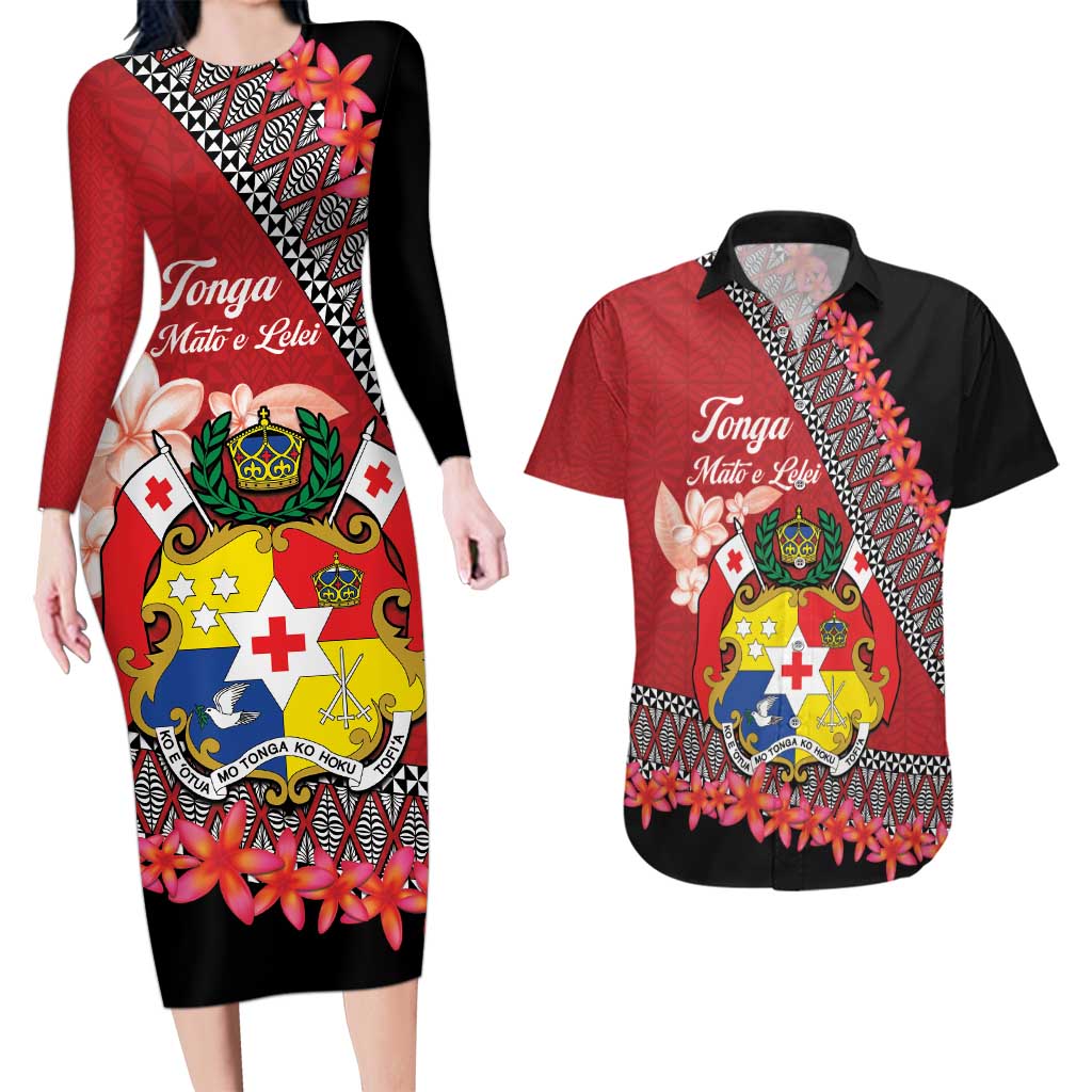 Personalised Tonga Language Week Couples Matching Long Sleeve Bodycon Dress and Hawaiian Shirt Malo e Lelei Tongan Ngatu Pattern - Red LT14 Red - Polynesian Pride