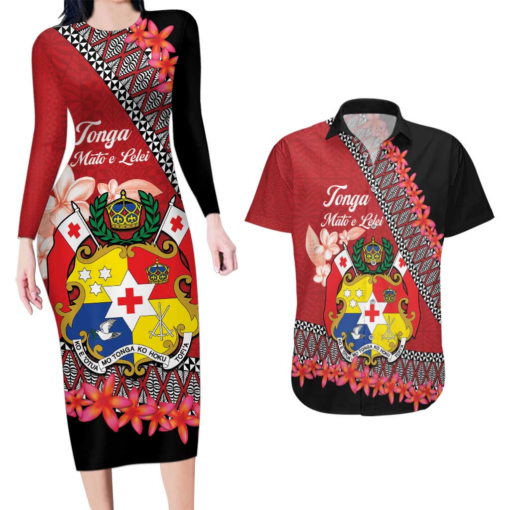 Personalised Tonga Language Week Couples Matching Long Sleeve Bodycon Dress and Hawaiian Shirt Malo e Lelei Tongan Ngatu Pattern - Red