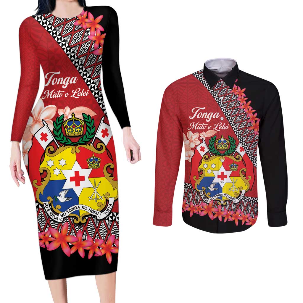 Personalised Tonga Language Week Couples Matching Long Sleeve Bodycon Dress and Long Sleeve Button Shirt Malo e Lelei Tongan Ngatu Pattern - Red LT14 Red - Polynesian Pride