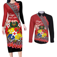 Personalised Tonga Language Week Couples Matching Long Sleeve Bodycon Dress and Long Sleeve Button Shirt Malo e Lelei Tongan Ngatu Pattern - Red LT14 Red - Polynesian Pride