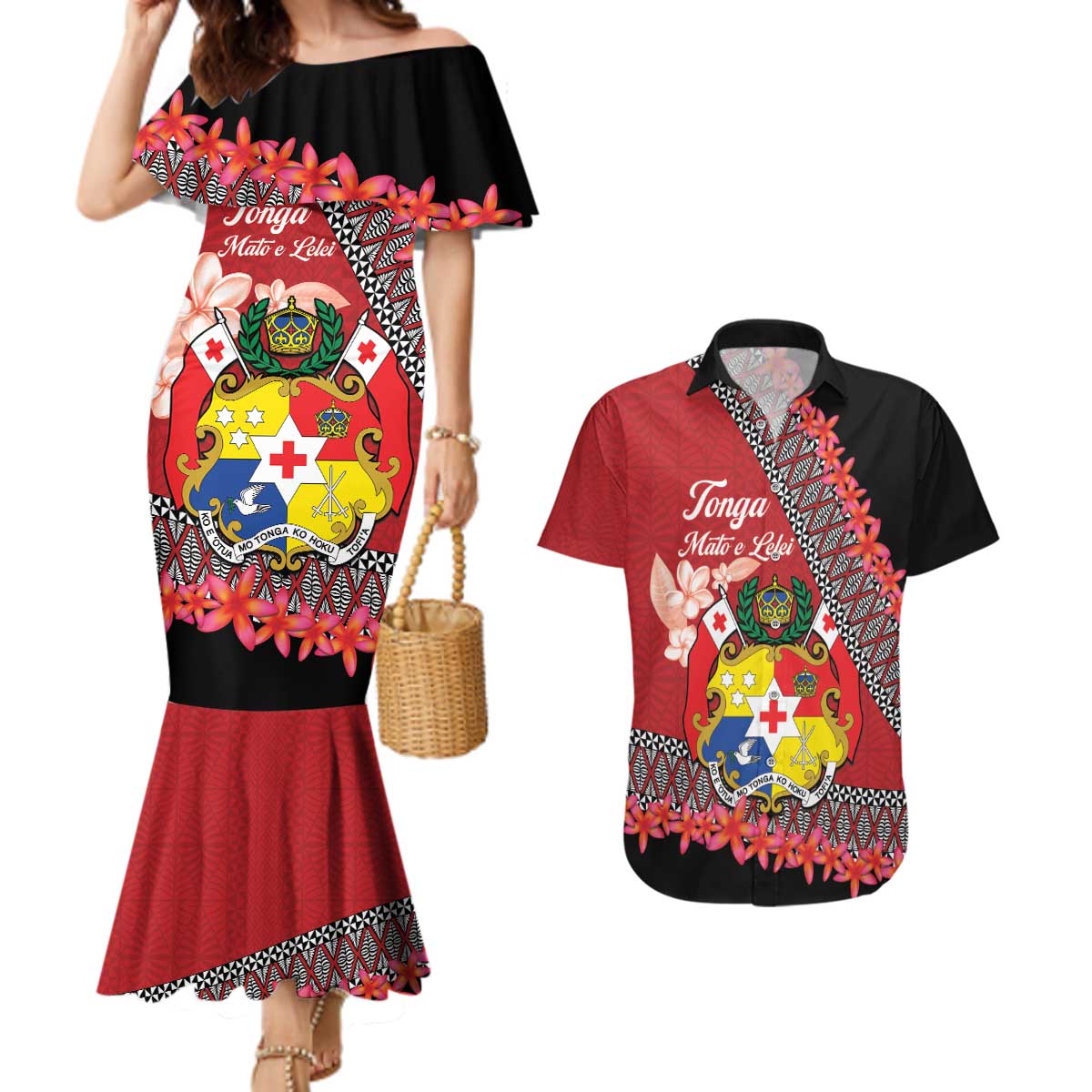 Personalised Tonga Language Week Couples Matching Mermaid Dress and Hawaiian Shirt Malo e Lelei Tongan Ngatu Pattern - Red