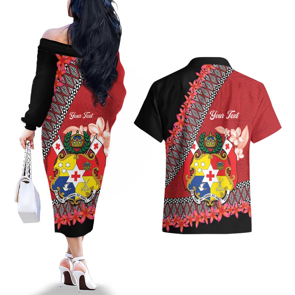 Personalised Tonga Language Week Couples Matching Off The Shoulder Long Sleeve Dress and Hawaiian Shirt Malo e Lelei Tongan Ngatu Pattern - Red LT14 - Polynesian Pride