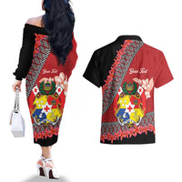 Personalised Tonga Language Week Couples Matching Off The Shoulder Long Sleeve Dress and Hawaiian Shirt Malo e Lelei Tongan Ngatu Pattern - Red LT14 - Polynesian Pride