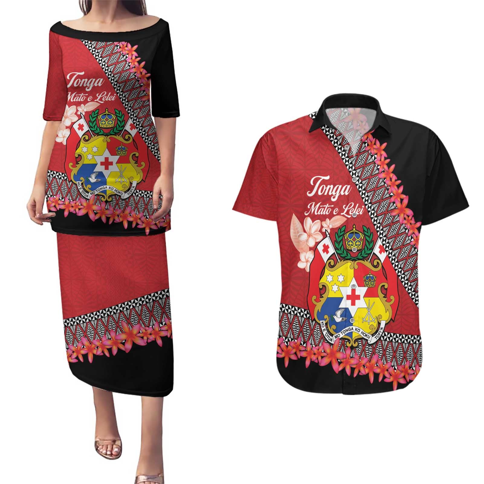 Personalised Tonga Language Week Couples Matching Puletasi and Hawaiian Shirt Malo e Lelei Tongan Ngatu Pattern - Red