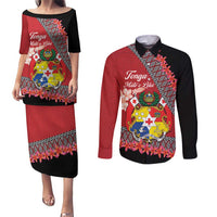 Personalised Tonga Language Week Couples Matching Puletasi and Long Sleeve Button Shirt Malo e Lelei Tongan Ngatu Pattern - Red LT14 Red - Polynesian Pride