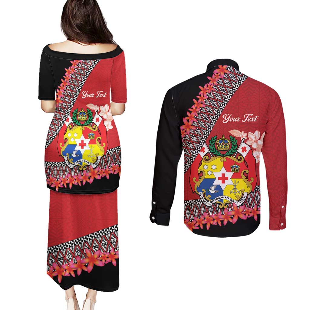 Personalised Tonga Language Week Couples Matching Puletasi and Long Sleeve Button Shirt Malo e Lelei Tongan Ngatu Pattern - Red LT14 - Polynesian Pride