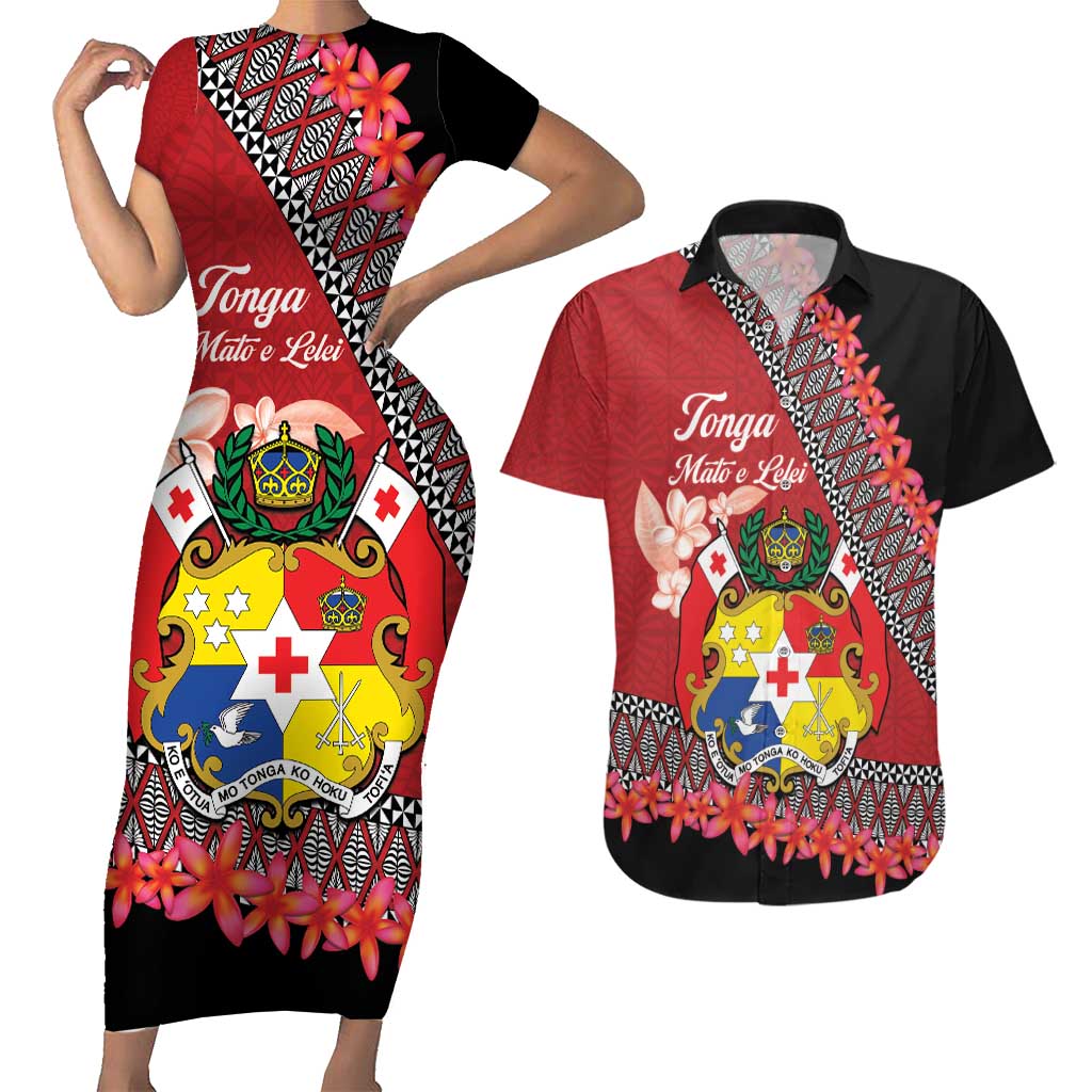 Personalised Tonga Language Week Couples Matching Short Sleeve Bodycon Dress and Hawaiian Shirt Malo e Lelei Tongan Ngatu Pattern - Red LT14 Red - Polynesian Pride