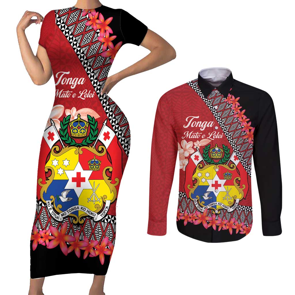 Personalised Tonga Language Week Couples Matching Short Sleeve Bodycon Dress and Long Sleeve Button Shirt Malo e Lelei Tongan Ngatu Pattern - Red LT14 Red - Polynesian Pride