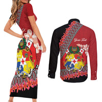 Personalised Tonga Language Week Couples Matching Short Sleeve Bodycon Dress and Long Sleeve Button Shirt Malo e Lelei Tongan Ngatu Pattern - Red LT14 - Polynesian Pride