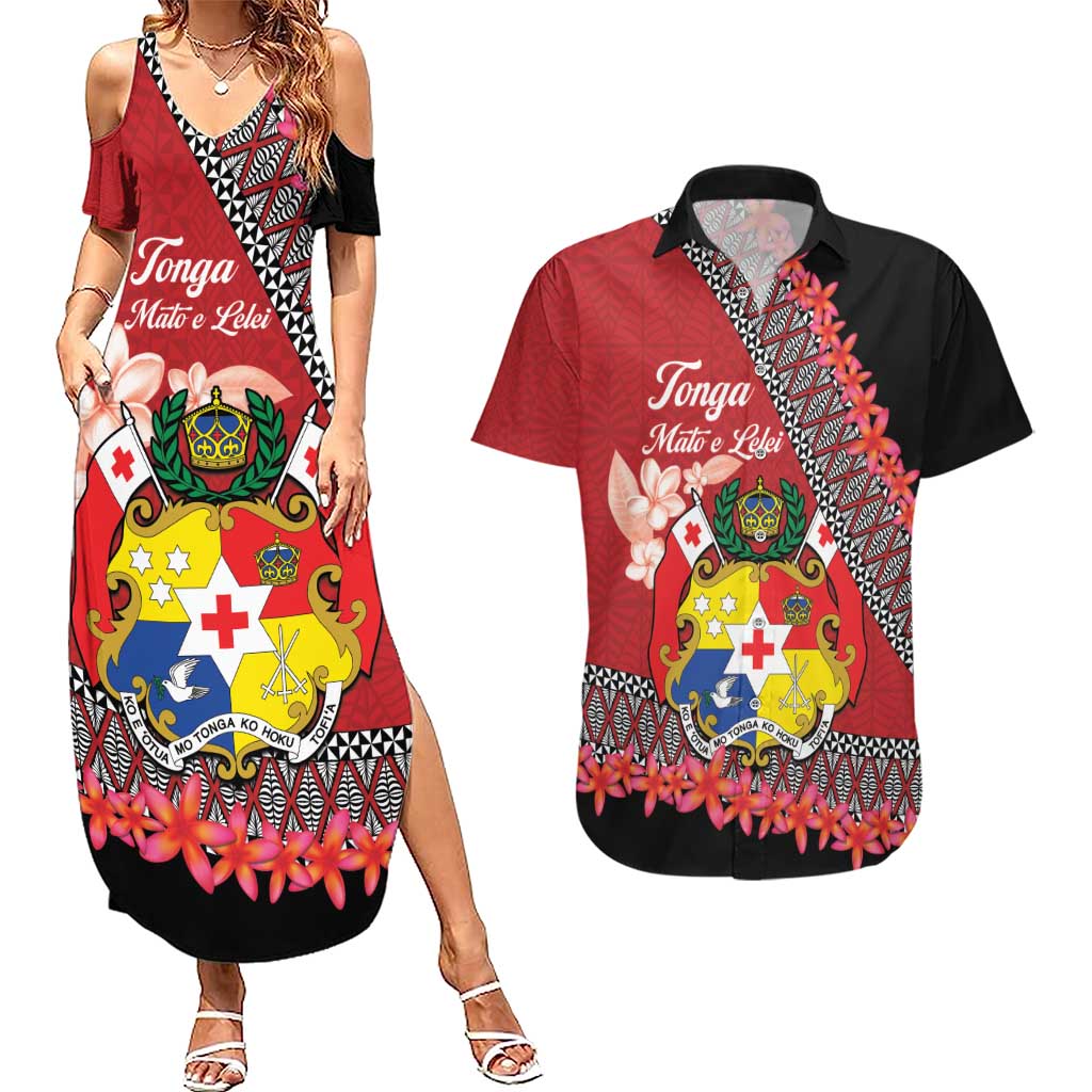 Personalised Tonga Language Week Couples Matching Summer Maxi Dress and Hawaiian Shirt Malo e Lelei Tongan Ngatu Pattern - Red LT14 Red - Polynesian Pride