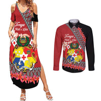 Personalised Tonga Language Week Couples Matching Summer Maxi Dress and Long Sleeve Button Shirt Malo e Lelei Tongan Ngatu Pattern - Red LT14 Red - Polynesian Pride