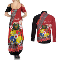 Personalised Tonga Language Week Couples Matching Summer Maxi Dress and Long Sleeve Button Shirt Malo e Lelei Tongan Ngatu Pattern - Red LT14 - Polynesian Pride