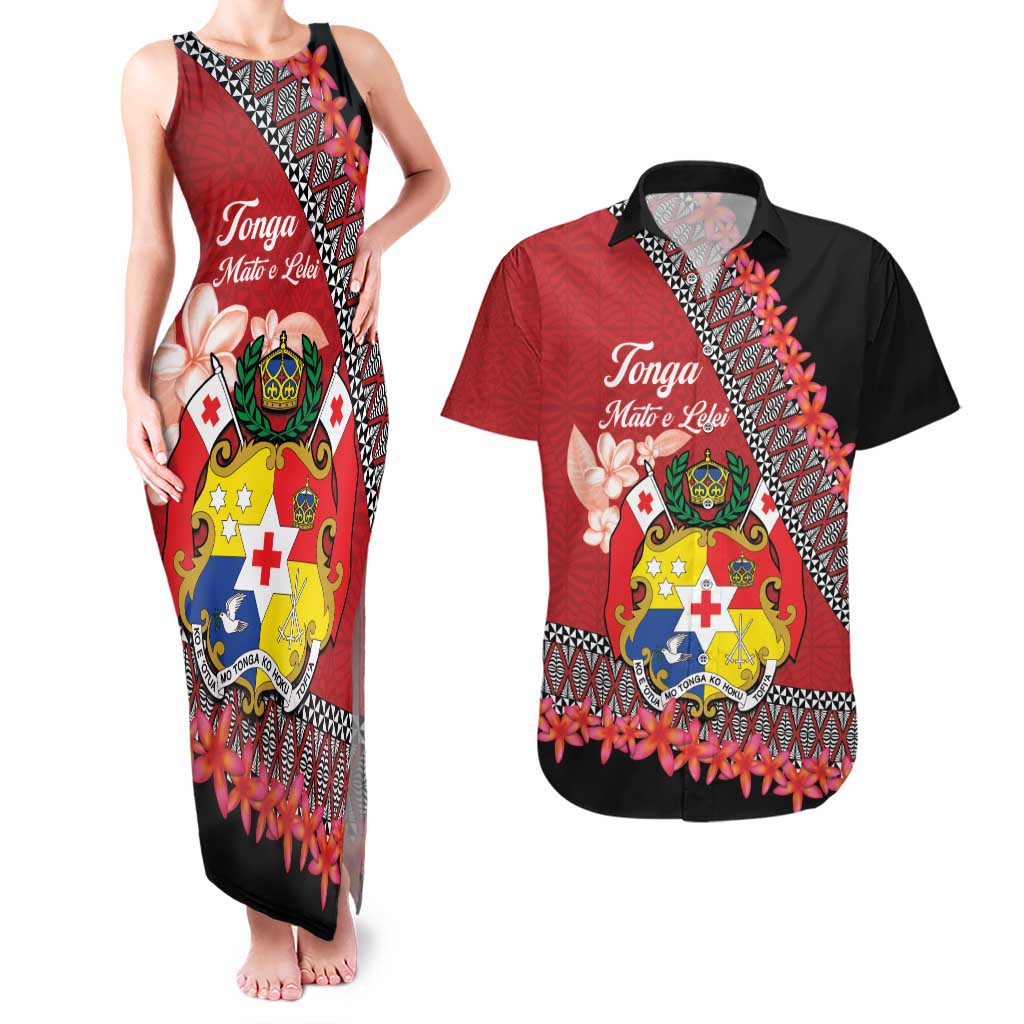 Personalised Tonga Language Week Couples Matching Tank Maxi Dress and Hawaiian Shirt Malo e Lelei Tongan Ngatu Pattern - Red