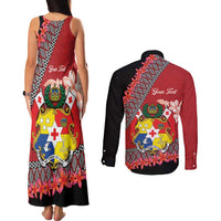 Personalised Tonga Language Week Couples Matching Tank Maxi Dress and Long Sleeve Button Shirt Malo e Lelei Tongan Ngatu Pattern - Red LT14 - Polynesian Pride