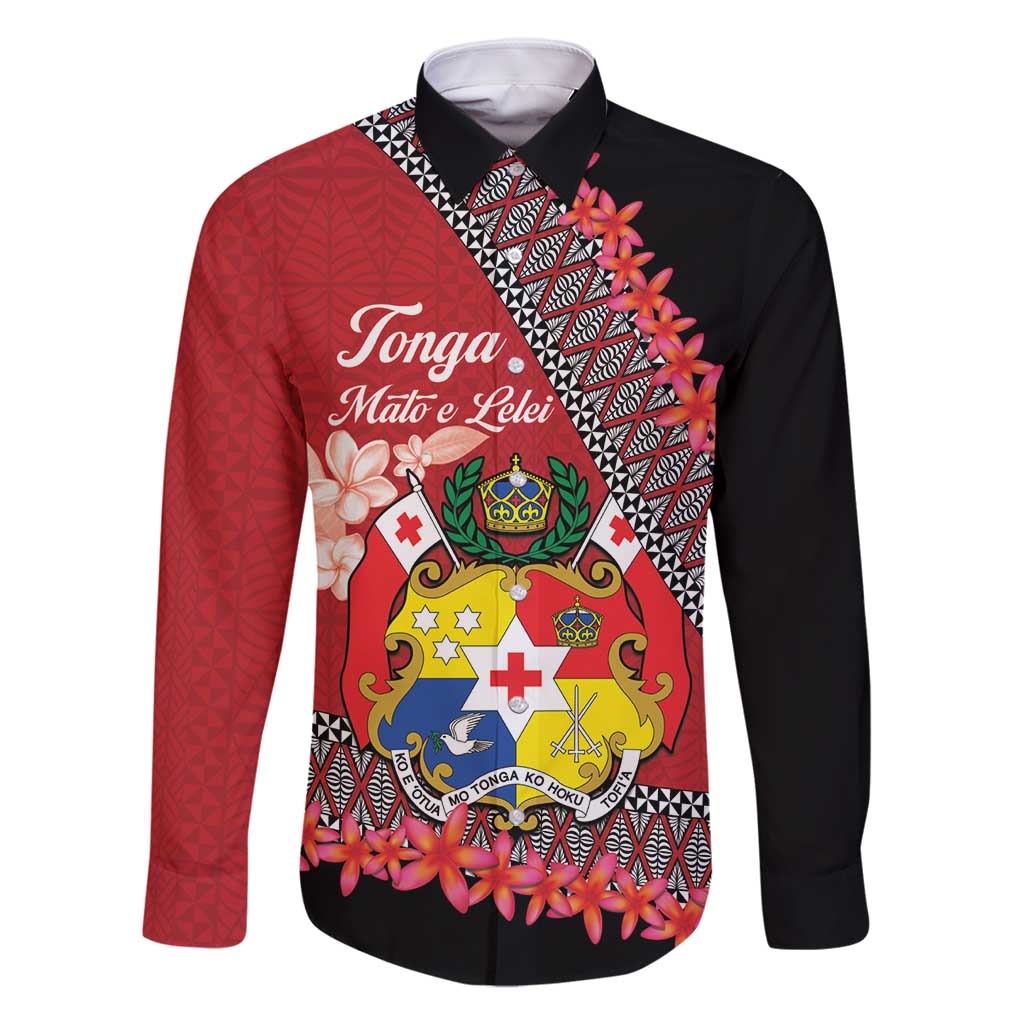 Personalised Tonga Language Week Family Matching Long Sleeve Bodycon Dress and Hawaiian Shirt Malo e Lelei Tongan Ngatu Pattern - Red LT14 Dad's Shirt - Long Sleeve Red - Polynesian Pride