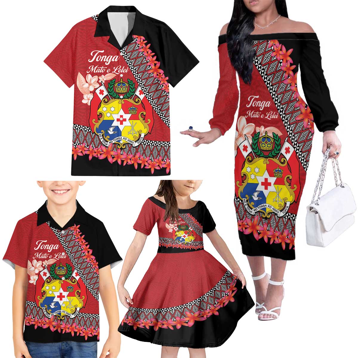 Personalised Tonga Language Week Family Matching Off The Shoulder Long Sleeve Dress and Hawaiian Shirt Malo e Lelei Tongan Ngatu Pattern - Red LT14 - Polynesian Pride