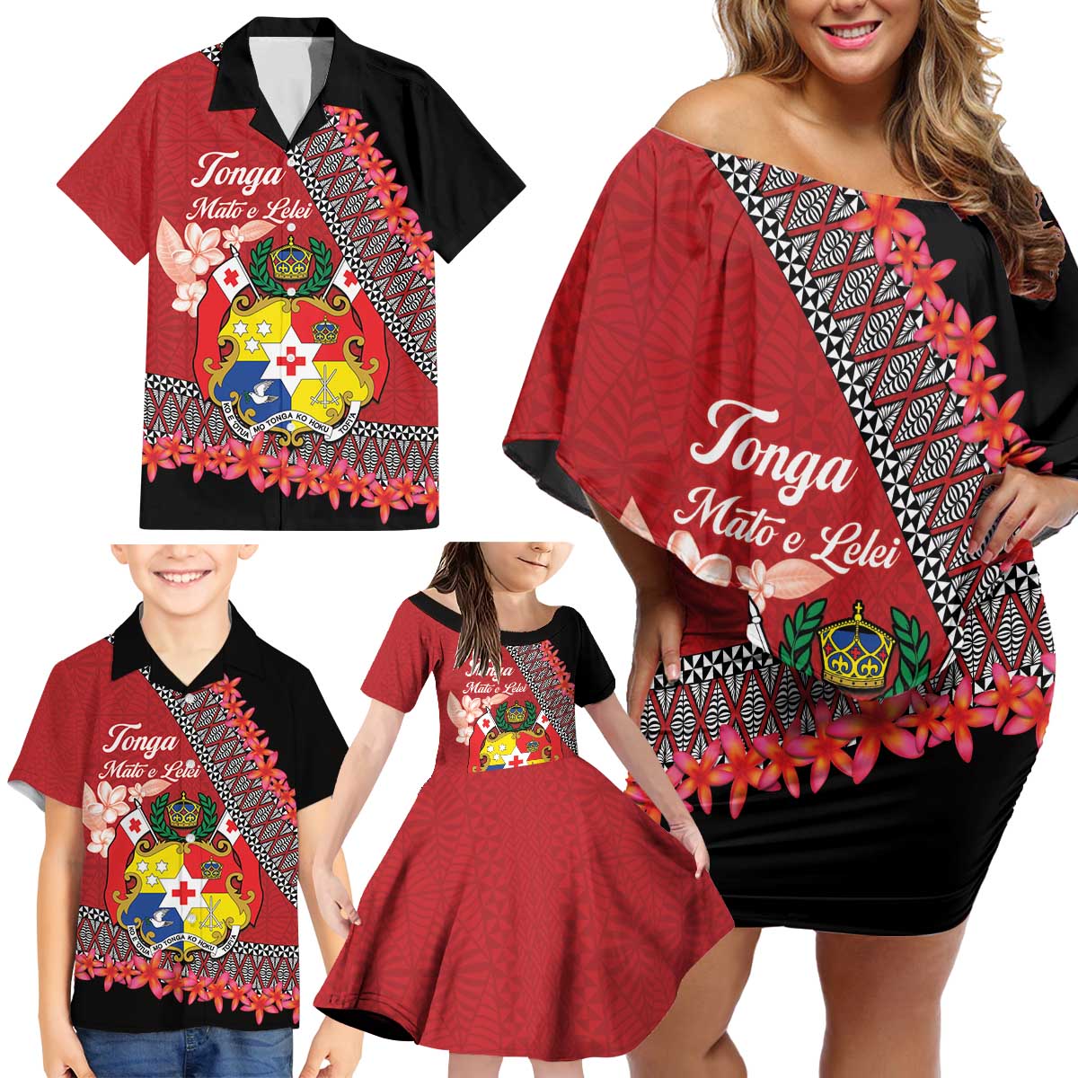 Personalised Tonga Language Week Family Matching Off Shoulder Short Dress and Hawaiian Shirt Malo e Lelei Tongan Ngatu Pattern - Red