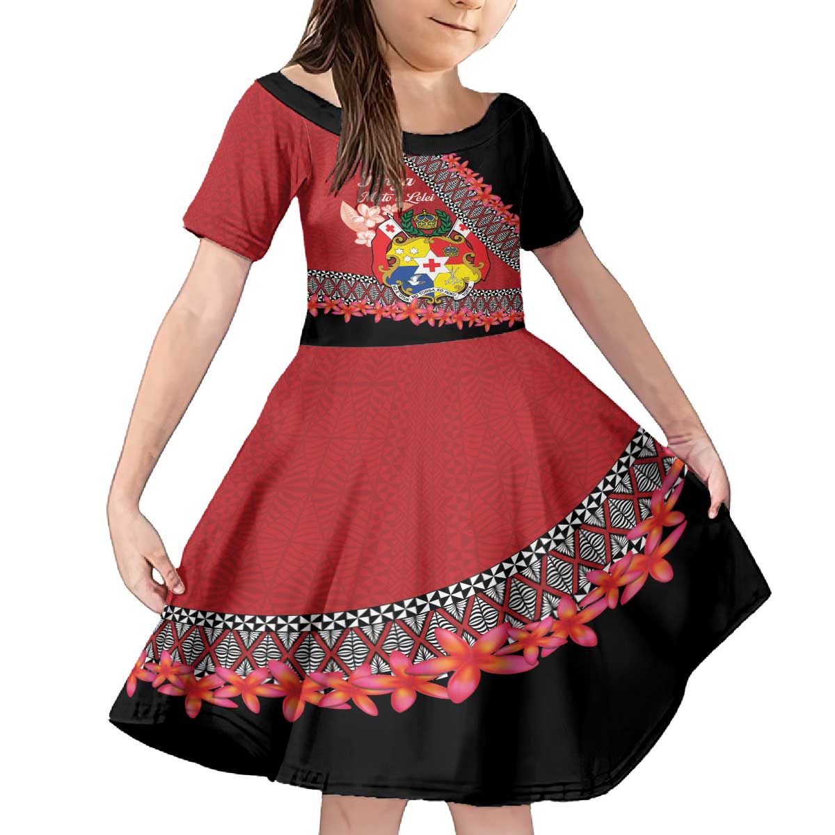 Personalised Tonga Language Week Family Matching Puletasi and Hawaiian Shirt Malo e Lelei Tongan Ngatu Pattern - Red LT14 Daughter's Dress Red - Polynesian Pride