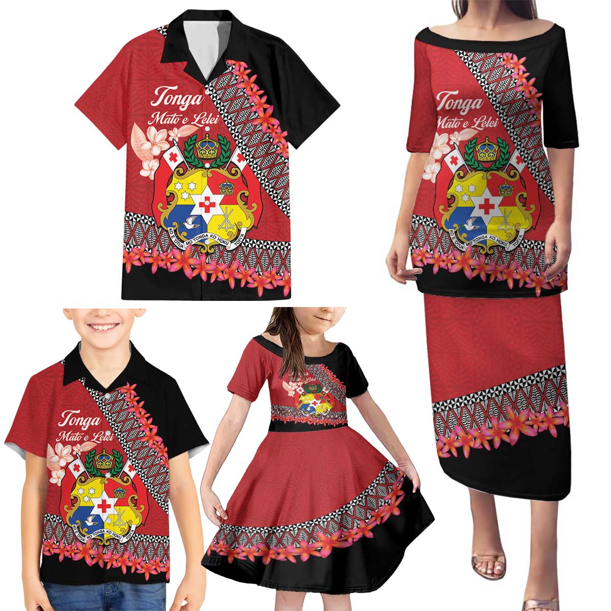 Personalised Tonga Language Week Family Matching Puletasi and Hawaiian Shirt Malo e Lelei Tongan Ngatu Pattern - Red