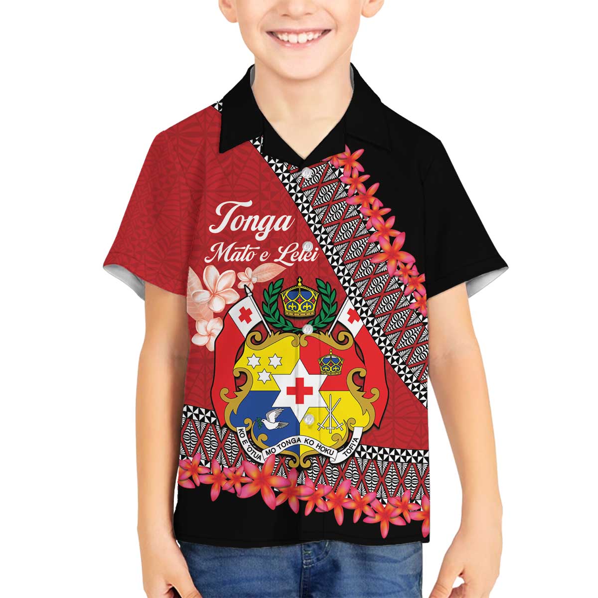 Personalised Tonga Language Week Family Matching Puletasi and Hawaiian Shirt Malo e Lelei Tongan Ngatu Pattern - Red LT14 Son's Shirt Red - Polynesian Pride
