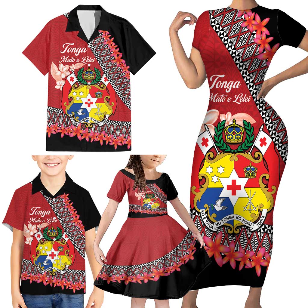 Personalised Tonga Language Week Family Matching Short Sleeve Bodycon Dress and Hawaiian Shirt Malo e Lelei Tongan Ngatu Pattern - Red