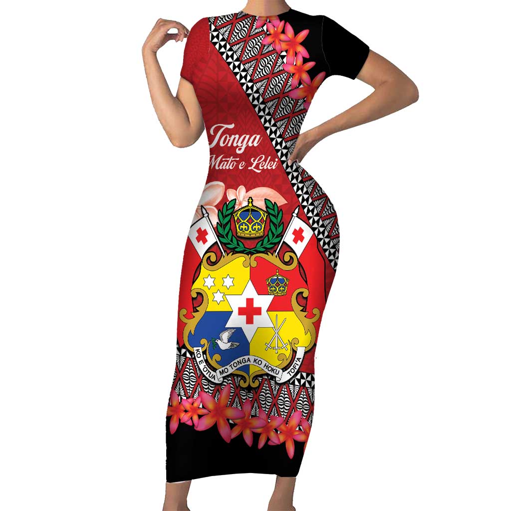 Personalised Tonga Language Week Family Matching Short Sleeve Bodycon Dress and Hawaiian Shirt Malo e Lelei Tongan Ngatu Pattern - Red