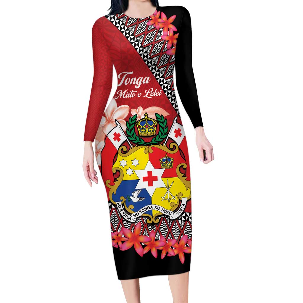 Personalised Tonga Language Week Long Sleeve Bodycon Dress Malo e Lelei Tongan Ngatu Pattern - Red