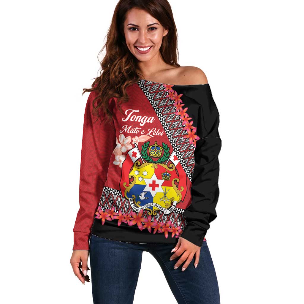 Personalised Tonga Language Week Off Shoulder Sweater Malo e Lelei Tongan Ngatu Pattern - Red