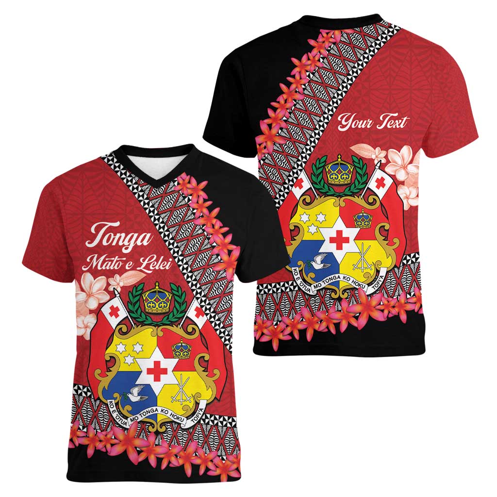 Personalised Tonga Language Week Women V-Neck T-Shirt Malo e Lelei Tongan Ngatu Pattern - Red