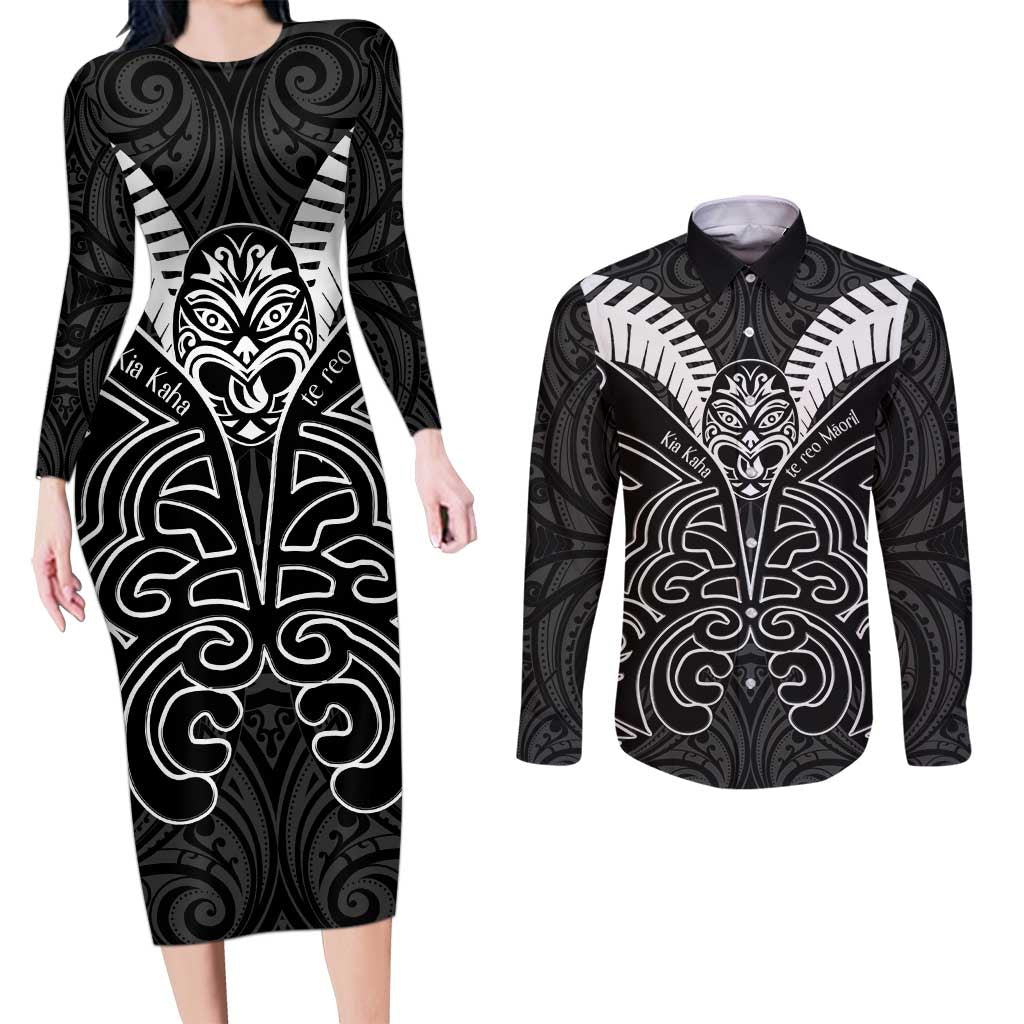 Kia Kaha Te Reo Maori Couples Matching Long Sleeve Bodycon Dress and Long Sleeve Button Shirt Aotearoa Hei Tiki With Hongi LT14 Black - Polynesian Pride