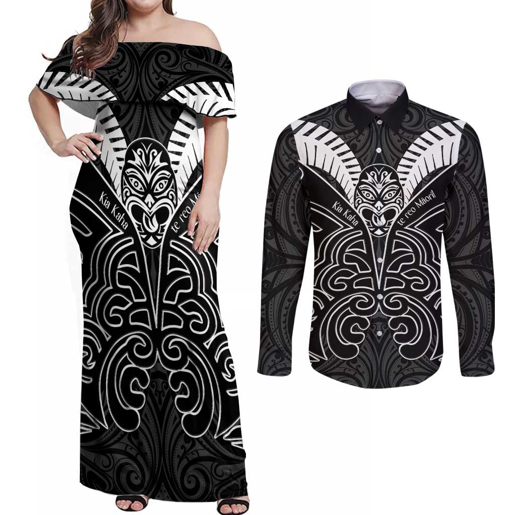 Kia Kaha Te Reo Maori Couples Matching Off Shoulder Maxi Dress and Long Sleeve Button Shirt Aotearoa Hei Tiki With Hongi LT14 Black - Polynesian Pride