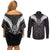 Kia Kaha Te Reo Maori Couples Matching Off Shoulder Short Dress and Long Sleeve Button Shirt Aotearoa Hei Tiki With Hongi