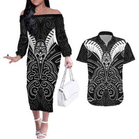 Kia Kaha Te Reo Maori Couples Matching Off The Shoulder Long Sleeve Dress and Hawaiian Shirt Aotearoa Hei Tiki With Hongi