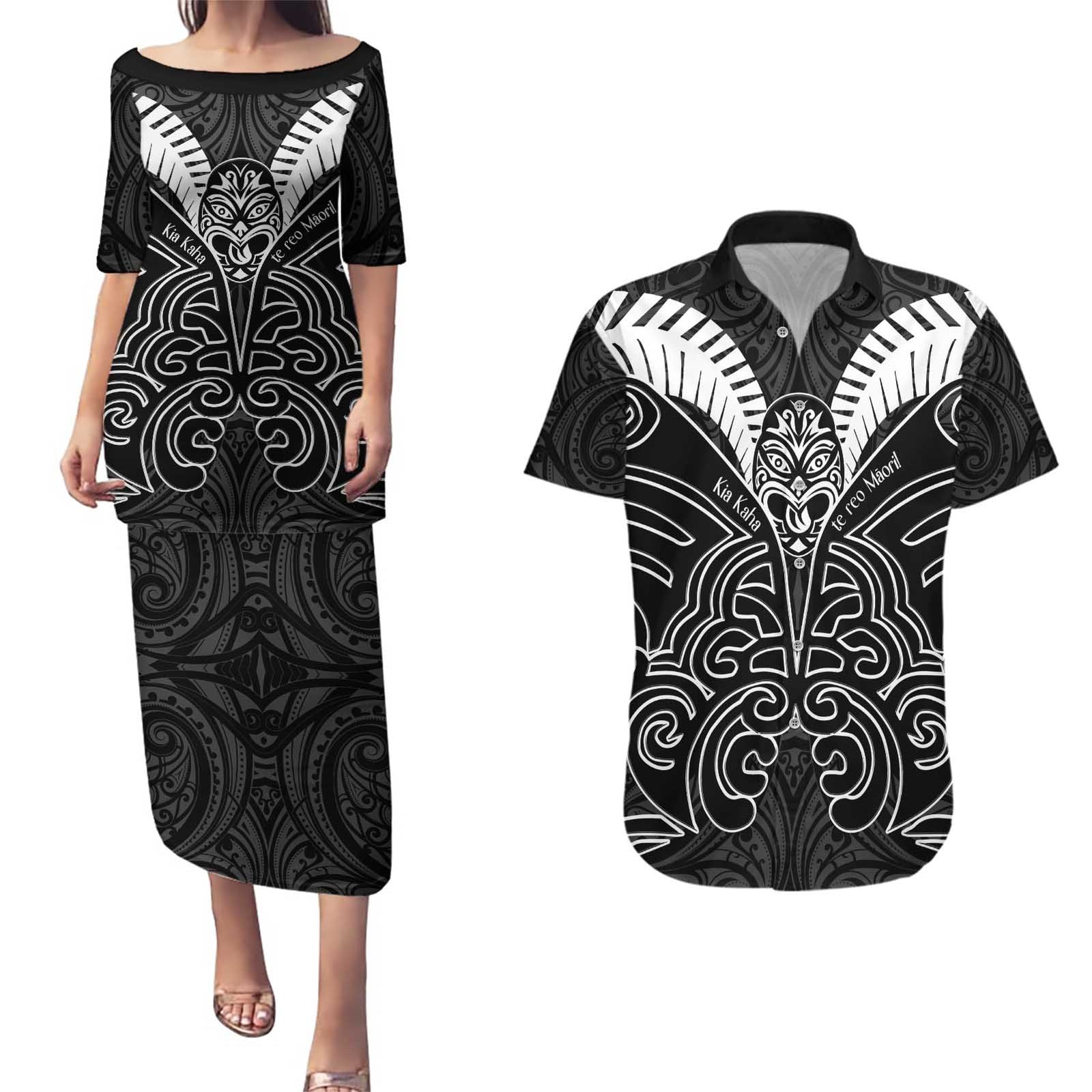 Kia Kaha Te Reo Maori Couples Matching Puletasi and Hawaiian Shirt Aotearoa Hei Tiki With Hongi LT14 Black - Polynesian Pride