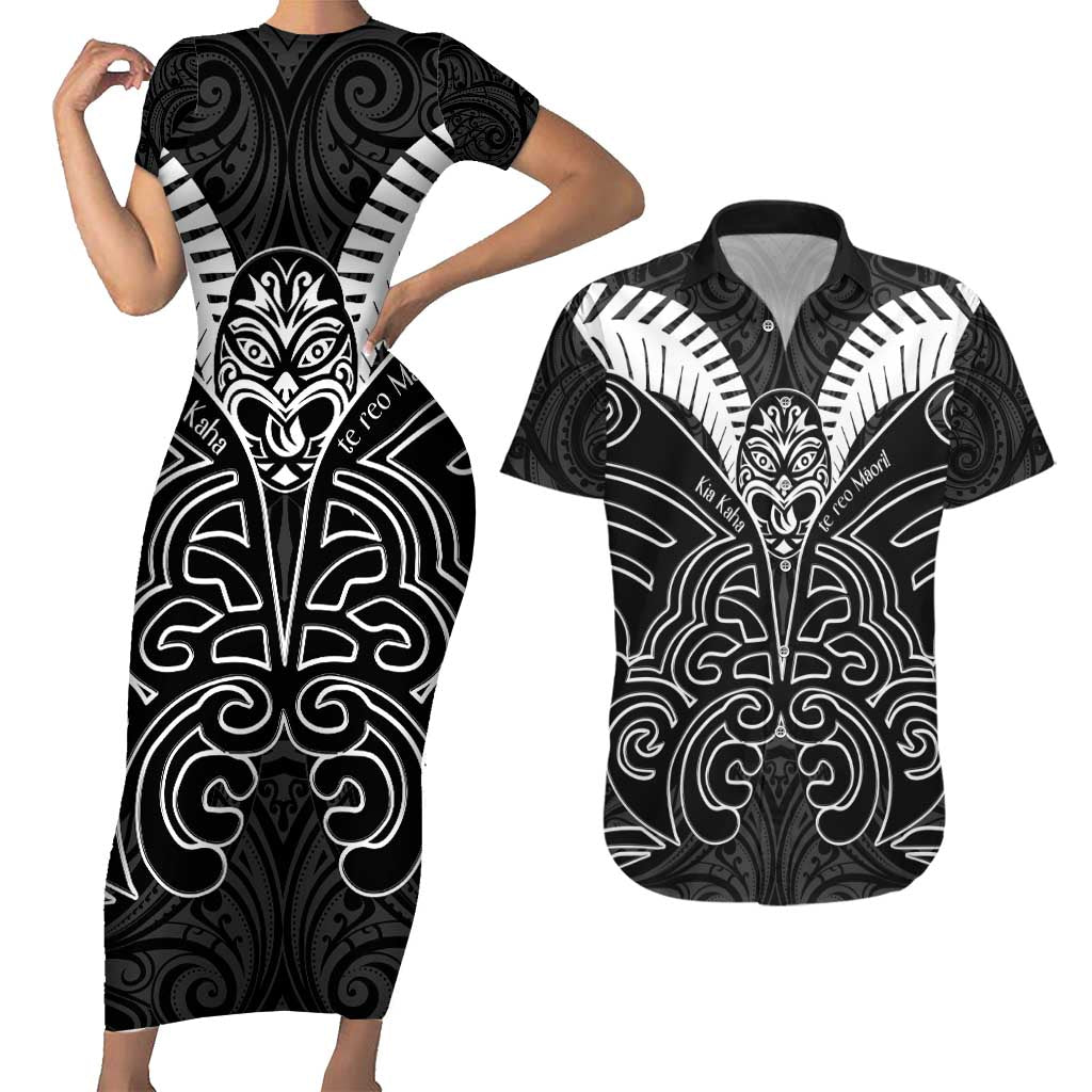 Kia Kaha Te Reo Maori Couples Matching Short Sleeve Bodycon Dress and Hawaiian Shirt Aotearoa Hei Tiki With Hongi