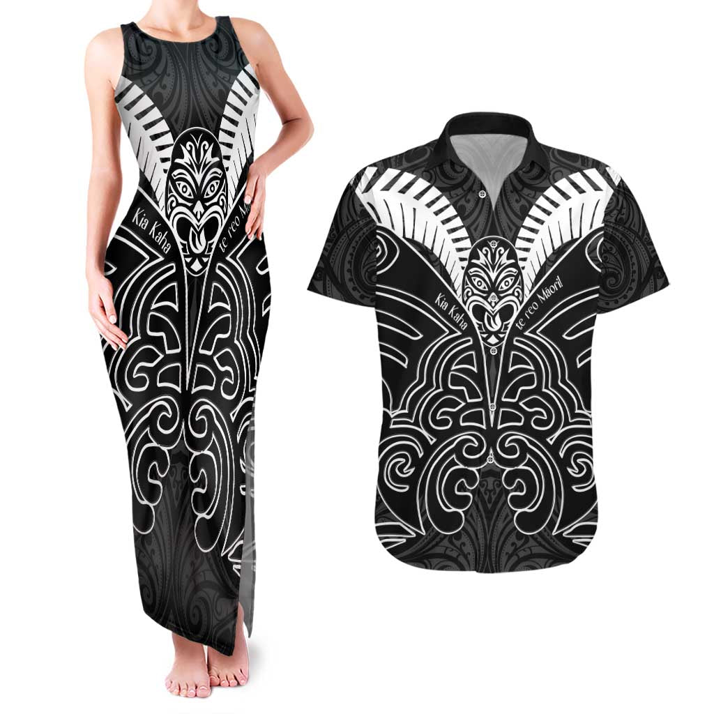 Kia Kaha Te Reo Maori Couples Matching Tank Maxi Dress and Hawaiian Shirt Aotearoa Hei Tiki With Hongi LT14 Black - Polynesian Pride