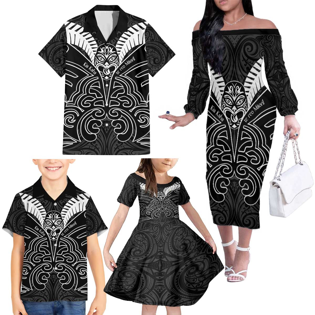 Kia Kaha Te Reo Maori Family Matching Off The Shoulder Long Sleeve Dress and Hawaiian Shirt Aotearoa Hei Tiki With Hongi LT14 - Polynesian Pride