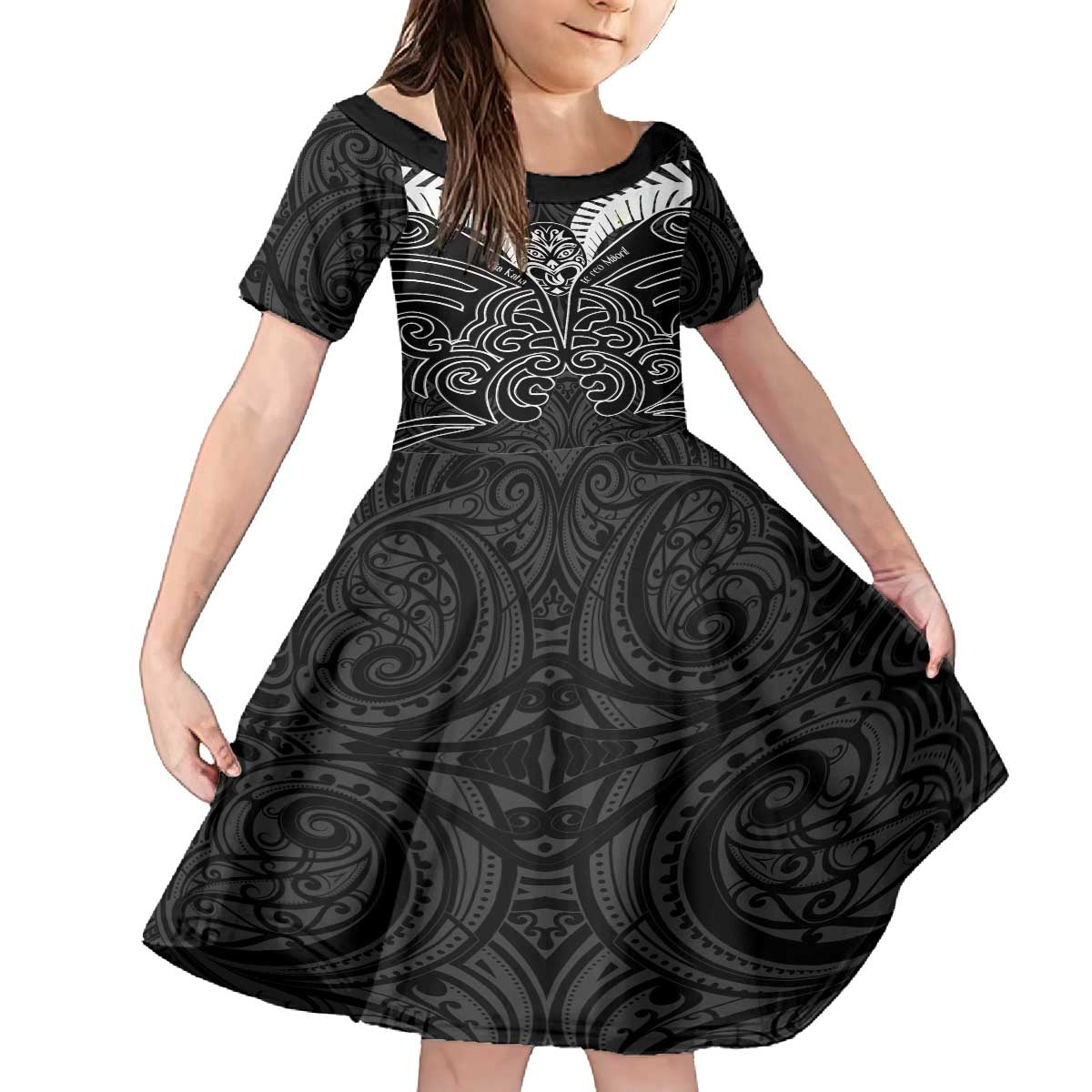Kia Kaha Te Reo Maori Family Matching Puletasi and Hawaiian Shirt Aotearoa Hei Tiki With Hongi LT14 Daughter's Dress Black - Polynesian Pride