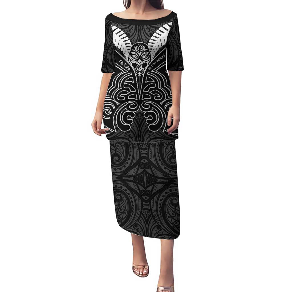 Kia Kaha Te Reo Maori Puletasi Aotearoa Hei Tiki With Hongi LT14 Long Dress Black - Polynesian Pride