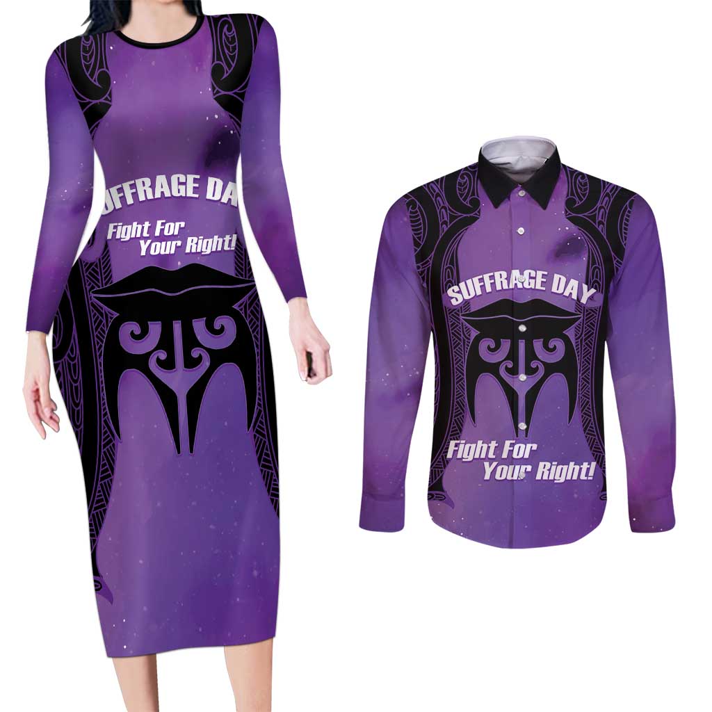 Personalised New Zealand Suffrage Day Couples Matching Long Sleeve Bodycon Dress and Long Sleeve Button Shirt Maori Tattoo Galaxy Vibe LT14 Purple - Polynesian Pride