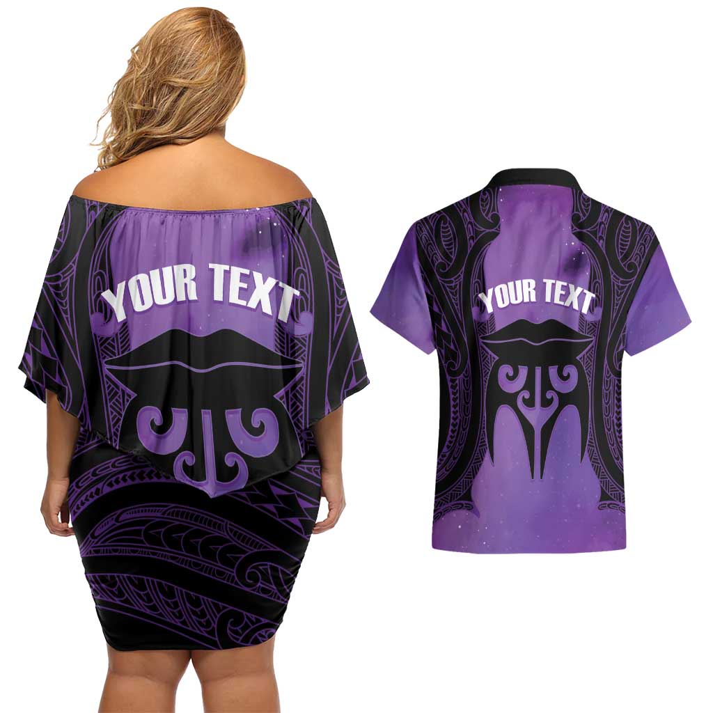Personalised New Zealand Suffrage Day Couples Matching Off Shoulder Short Dress and Hawaiian Shirt Maori Tattoo Galaxy Vibe - Polynesian Pride
