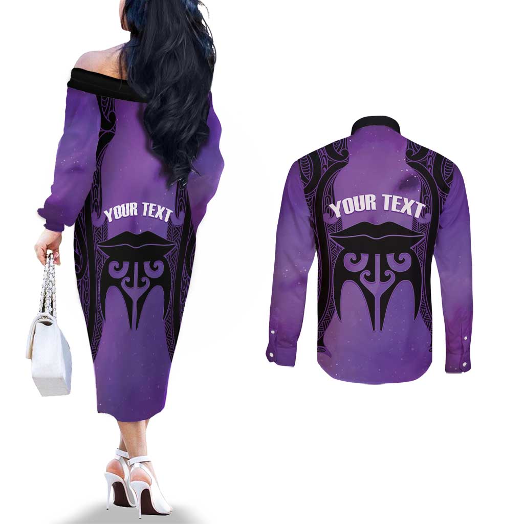 Personalised New Zealand Suffrage Day Couples Matching Off The Shoulder Long Sleeve Dress and Long Sleeve Button Shirt Maori Tattoo Galaxy Vibe - Polynesian Pride