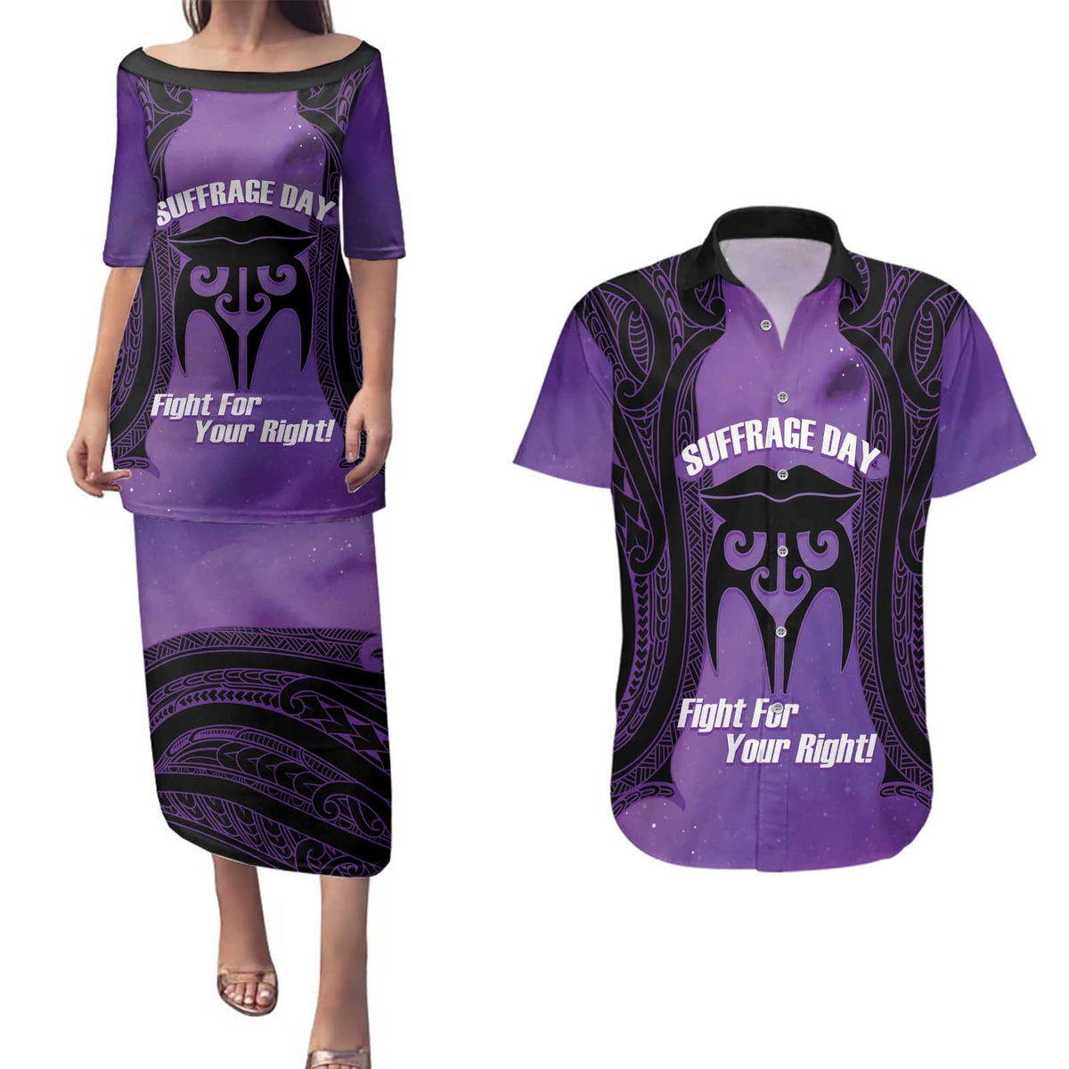 Personalised New Zealand Suffrage Day Couples Matching Puletasi and Hawaiian Shirt Maori Tattoo Galaxy Vibe - Polynesian Pride